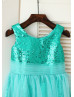 Turquoise Sequin Tulle Short Flower Girl Dress